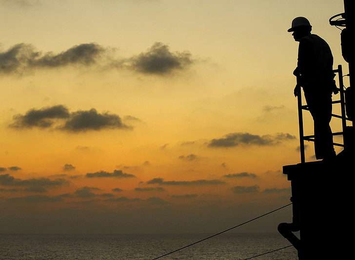 man, worker, watching, sunset, sea, ocean, ship