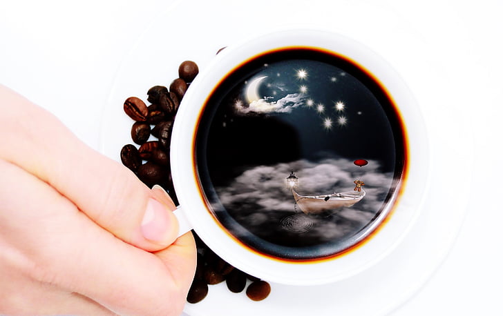 puodelis, kavos puodelis, kavos puodelis, mėnulis, debesys, rūkas, žvaigždynas