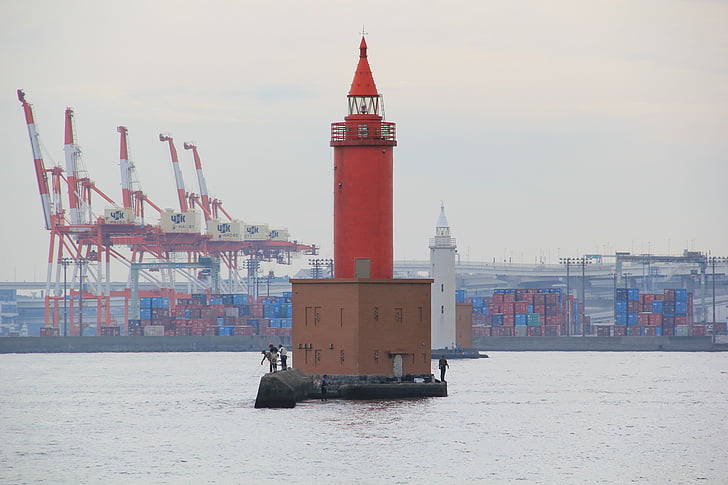 Lighthouse, fiskare, Yokohama, hamn, havet, fiskaren, vatten