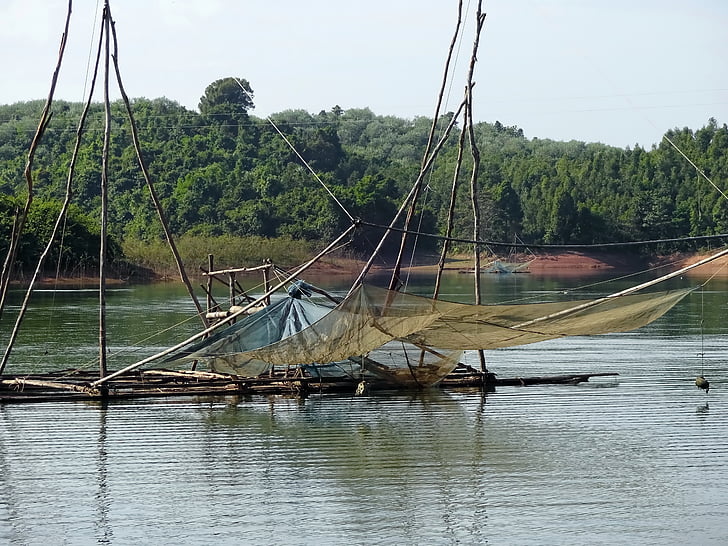 Laos, Vang vieng, Lake, Fiskeri, netting, fisk, refleksjoner