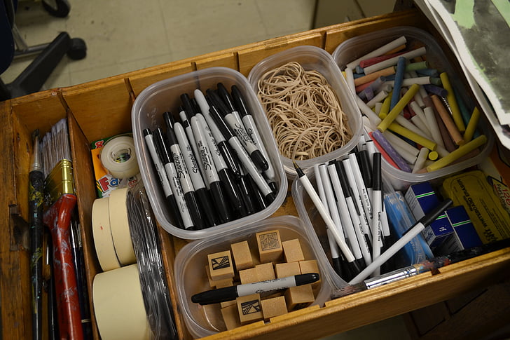 markers, erasers, drawer, desk, art supplies, supplies, classroom