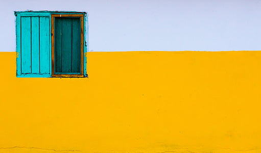 teal, wooden, cabinet, yellow, white, wall, window