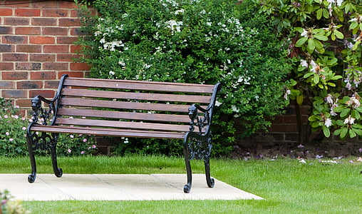 garden, bench, seat, wood, wooden, wrought iron, iron