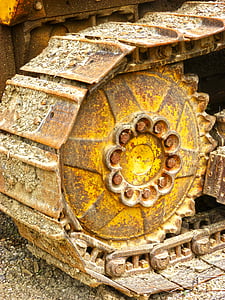detalj, Caterpillar, hjulet, grävmaskin, maskiner, gamla, övergiven