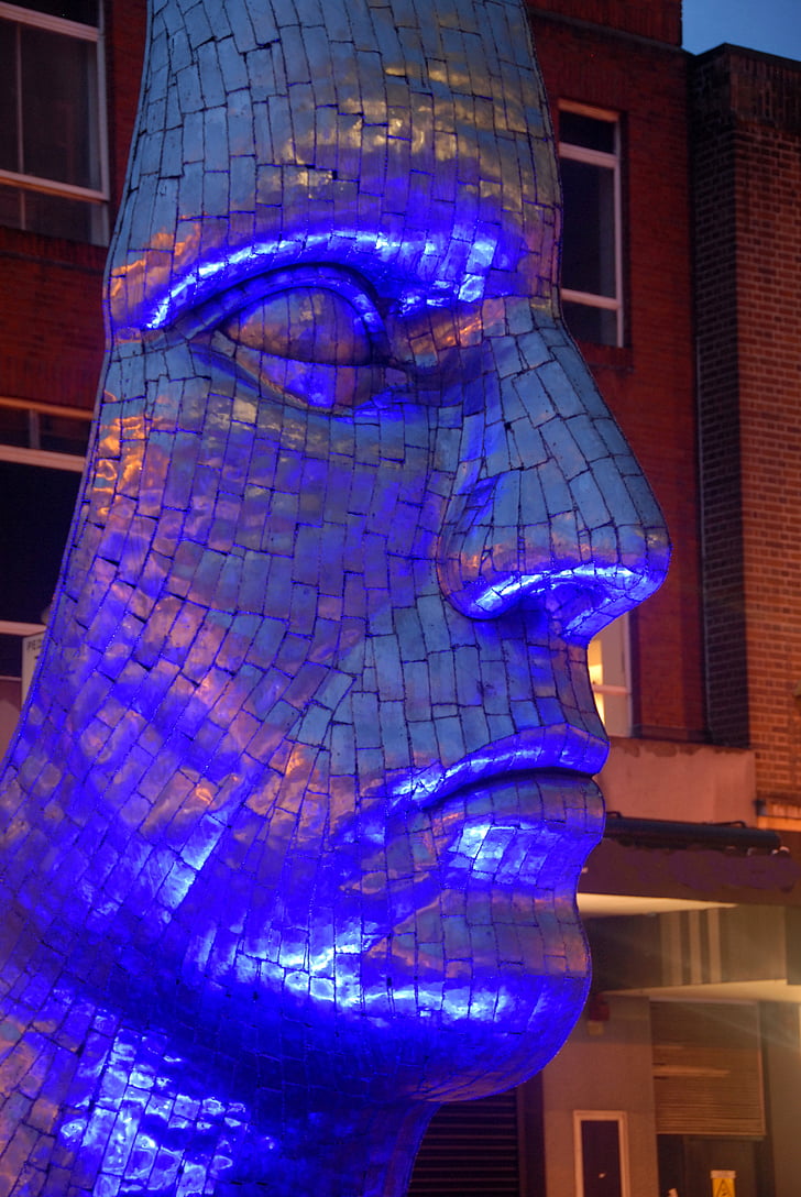 face, blue, sculpture, metal, night, head