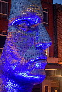 veido, mėlyna, skulptūra, metalo, naktį, galva