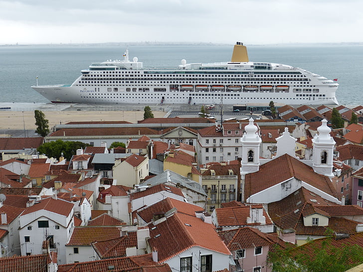lisbon, old town, portugal, transport, church, cruise, cruise ship