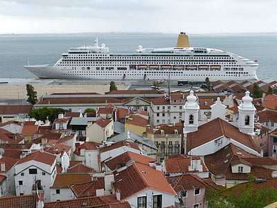 Lissabon, gamla stan, Portugal, transport, kyrkan, kryssning, kryssningsfartyg