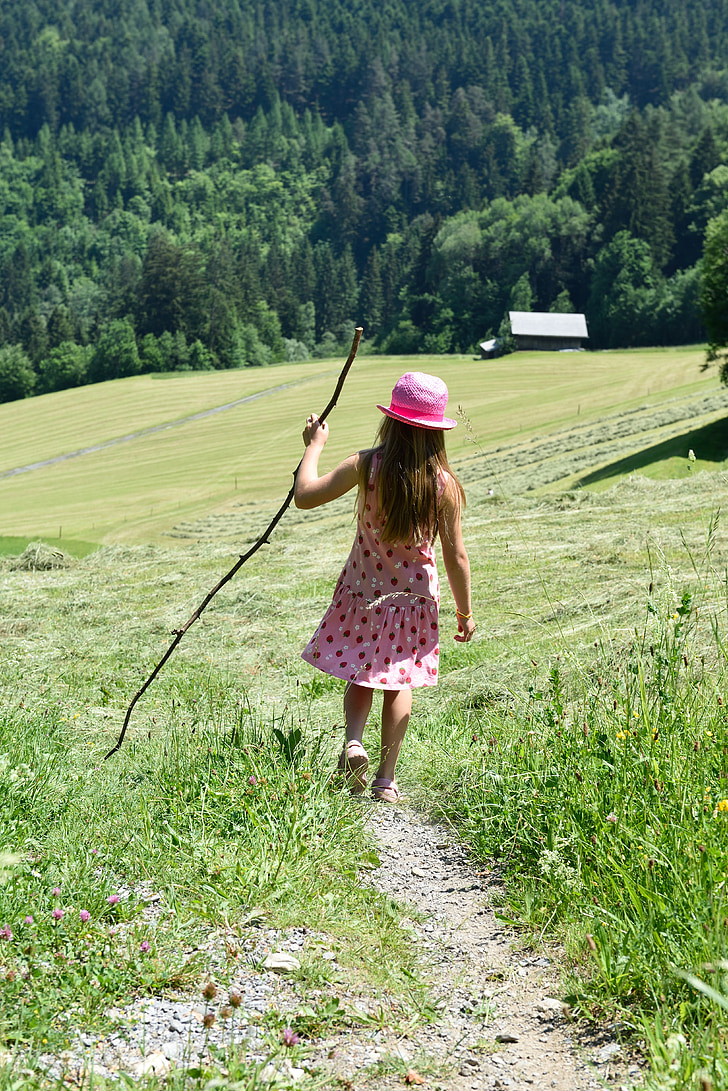 person, human, child, girl, walk, hiking, stick and hat