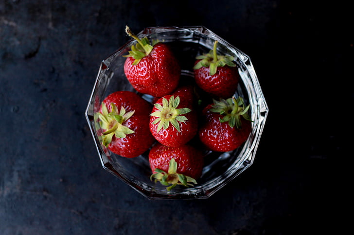 strawberries, glass, bowl, food, fruit, strawberry, food and drink