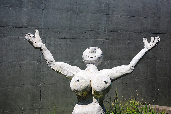 dona, figura, escultura, ciment, gris, pits, nu