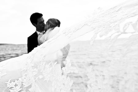 adult, beach, black and-white, bride, Bride and Groom, cold, couple