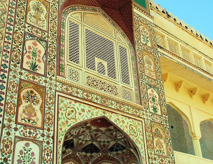 India, Rajastan, Amber, fasade, dekorasjon, Palace, arkitektur