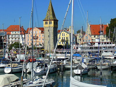 båtar, Lindau, hamn, Bodensjön, fartyg, segelbåtar, kyrkan