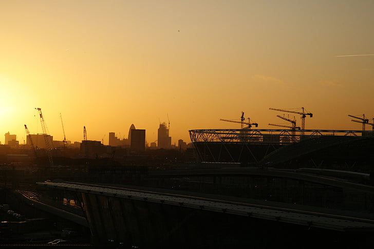 London, būvniecība, pilsēta, saulriets, oranža, dzeltena, tumsā
