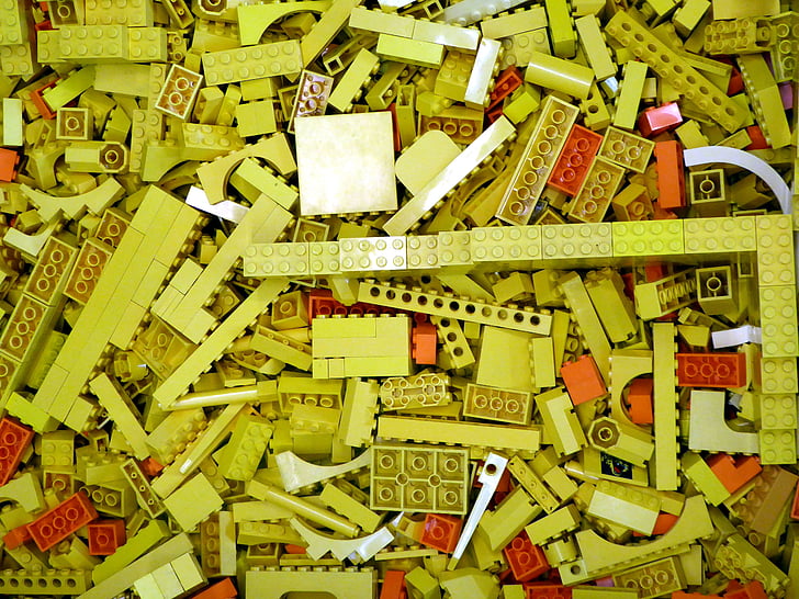 LEGO block, bygga, gul, montera, byggleksaker, plast
