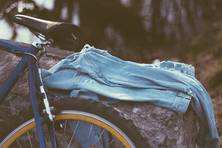 velosipēds, velosipēdu, klints, džinsa, jaka, ceļojumi, āra