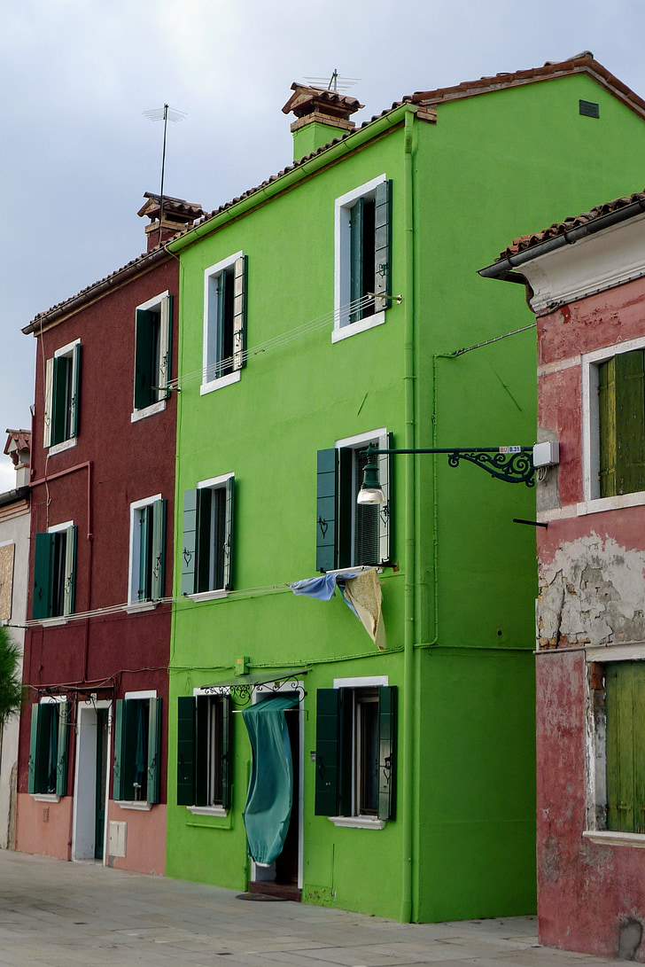Burano, Lagoon, Velence, zöld ház, Olaszország, Családi házak, homlokzatok