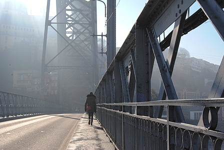 person, crossing, steel, bridge, daytime, structure, people