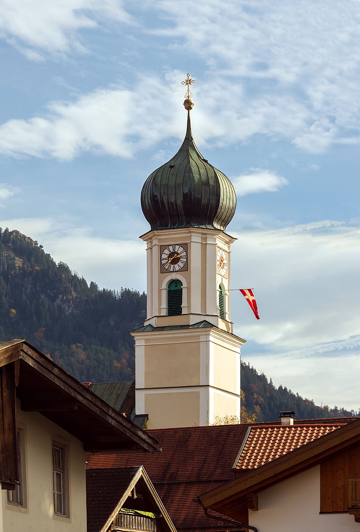 varpinės bokštas, Oberammergau, Bavarija, Vokietija, Saint peters ir Paulas bažnyčia, pastatas, Katalikų