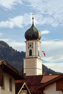 bell tower, oberammergau, bavaria, germany, saint peters and pauls church, building, catholic