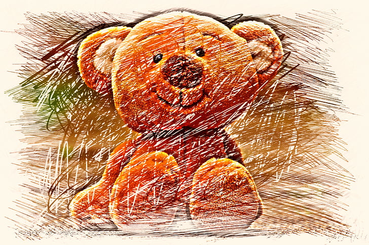 Bjørn, Teddy, tegning, fargerike, morsom, søt, søt