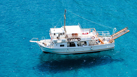 loďou, plávajúce, tieň, more, letné, modrá, Grécko