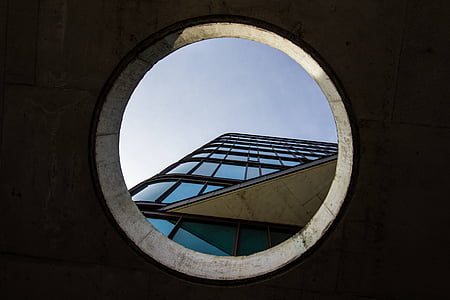 architecture, building, glass, high-rise, low angle shot, perspective, circle