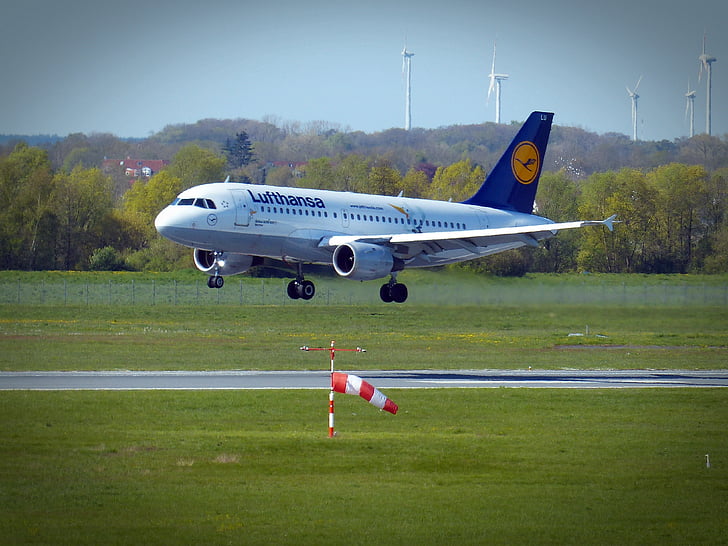 repülőgép, leszállás, repülőtér, Lufthansa, menet közben, utazás, Föld