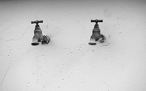 faucets, metal, tube, pipes, wall, black and white, water