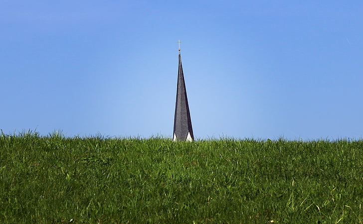 steeple, great, horizon, spire, meadow, sky, blue