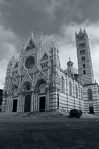 dramatyczne, niebo, czarno-białe, Włochy, Minster, Katedra, średniowieczny