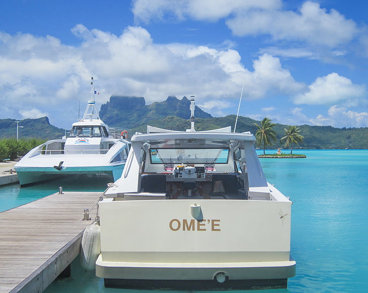Бора-Бора, водно такси, южната част на Тихия, тюркоаз, лодка, Френска Полинезия, планински