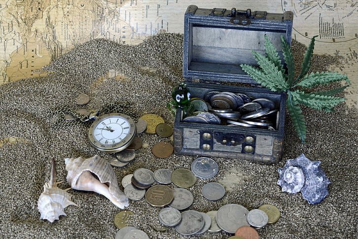 treasure chest, sand, pocket watch, squid, palm, mussels, coins