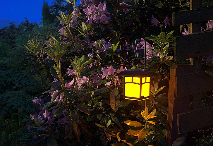 garden, night, lantern, light, romantic, corner, flowers