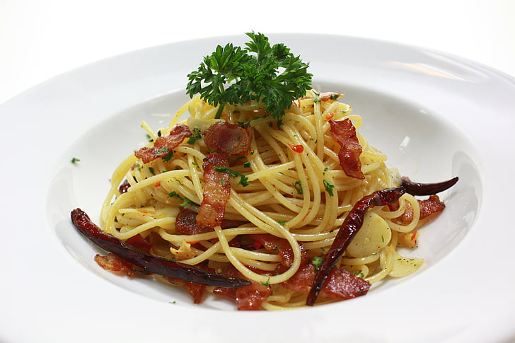 spaghetti, bacon, pasta, mat, måltid, middag, plate