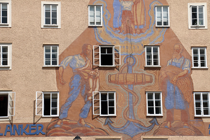 wall, window, facade, anchor, men, letters, salzburg