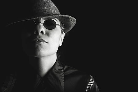 grayscale, photo, person, hat, sunglasses, collared, shirt