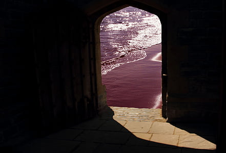 doorway, beach, opening, entrance, open, sea, ocean