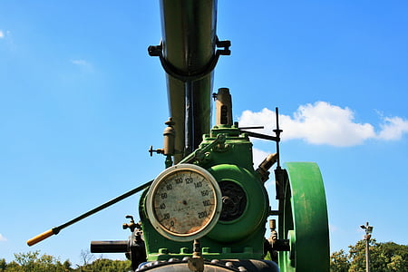 steam engine, black, green, smoke, stack, dials, wheels
