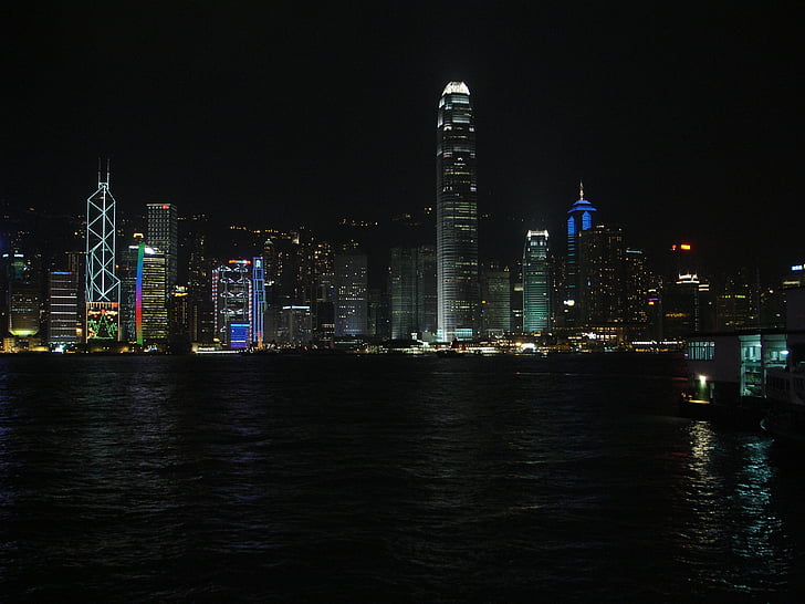 city, night, sea, financial, hong kong