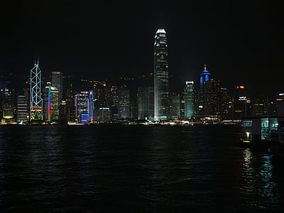 stad, nacht, zee, financiële, Hong kong