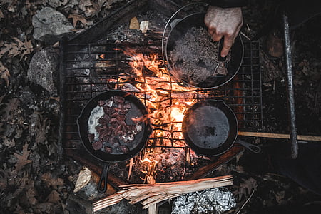 cooking, fire, flame, hand, outdoors, Pans
