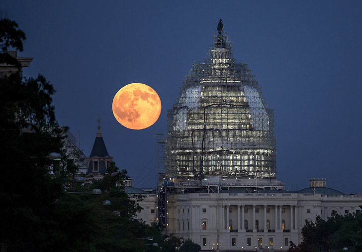 volle maan, Washington, DC, Capitool, het platform, gebouw, hemel
