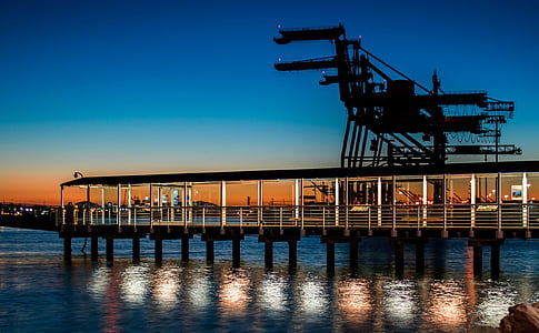Pier, Dock, færge, vand, Dusk, Sky, lys
