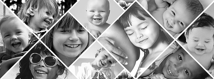 fotomontage, barn, skratta, Joy, svart och vitt