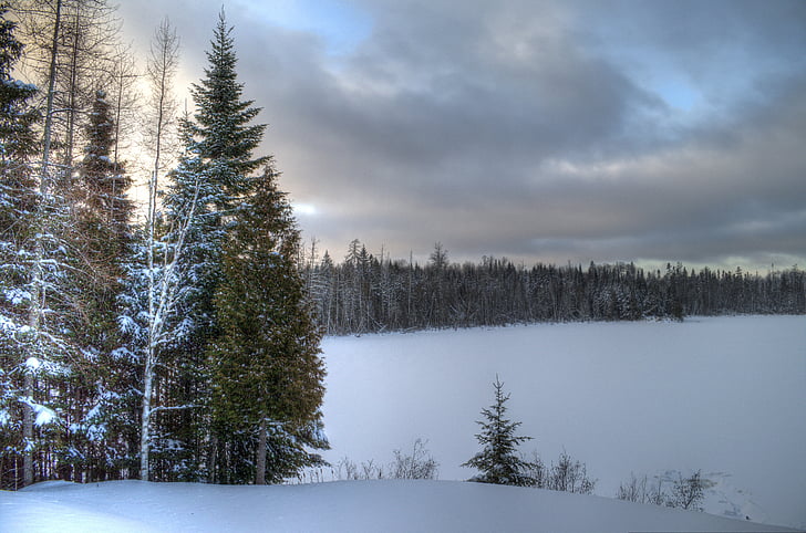 jezero, snijeg, Zima, Zaleđeno jezero, Québec