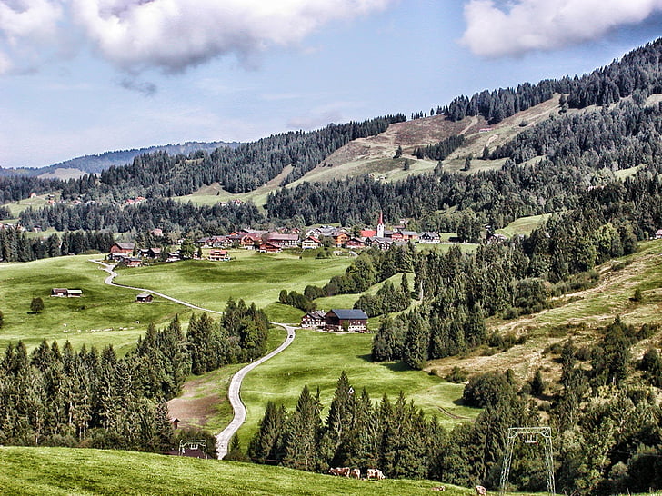 Sibratsgfäll, Austria, krajobraz, sceniczny, góry, wieś, budynki