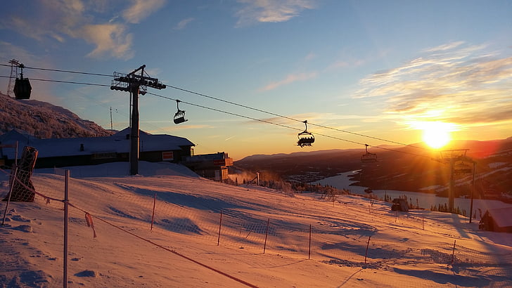 sunset, downhill skiing, resort, piste, snow, winter, mountains