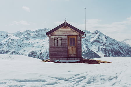 kabina, gorskih, sneg, pozimi, hiša, hladno temperaturo, koča